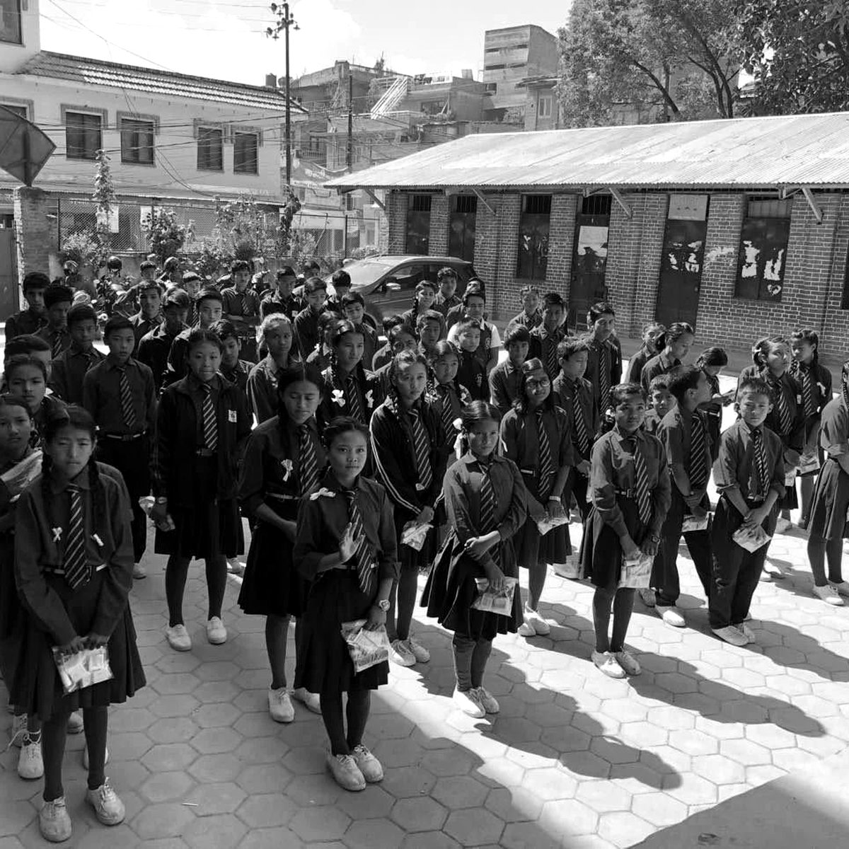 Students of Shree Harisiddhi Secondary School standing together in the school courtyard.